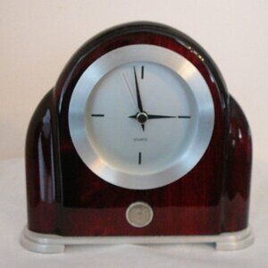Art Deco Style Desk Mantle Silver Medallion Mahogany Look Battery Quartz Clock